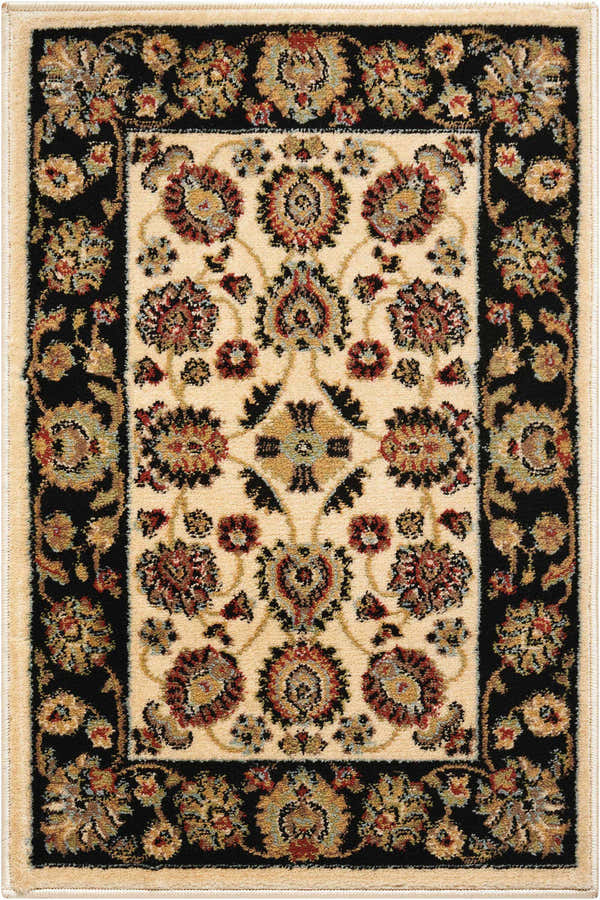Close-up of Nourison Delano Ivory Black rug. Features floral patterns in chestnut, ivory, and black. Rectangle shape.