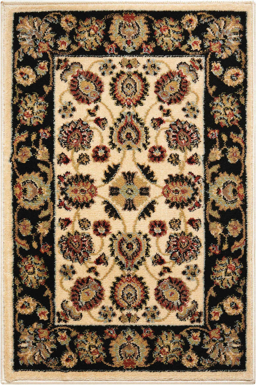 Close-up of Nourison Delano Ivory Black rug. Features floral patterns in chestnut, ivory, and black. Rectangle shape.