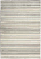 Close-up of Nourison Marmara rug featuring a modern striped pattern in grey, ivory, teal, and chestnut hues.