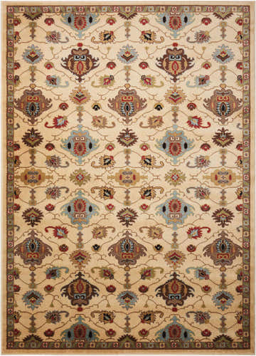 Detailed view of a Nourison Delano Ivory rug featuring chestnut, red, and blue floral and geometric patterns. Clearance item.