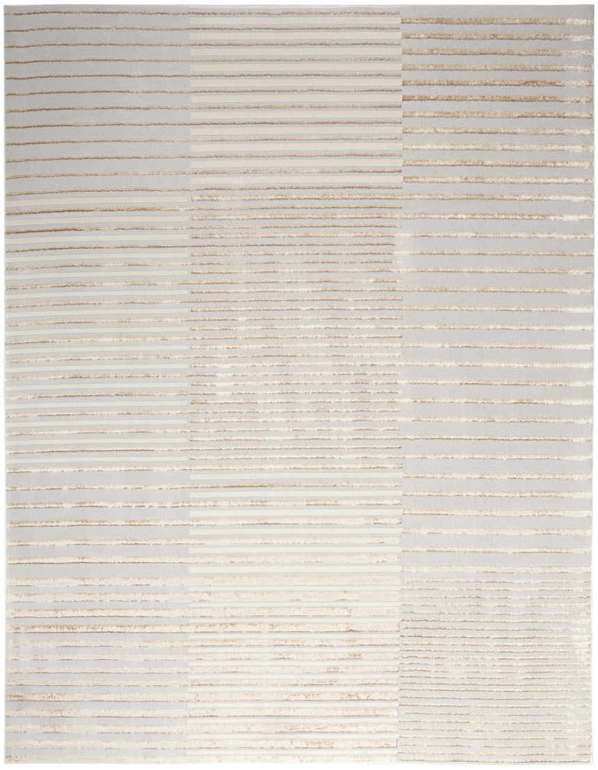 Close-up of the Nourison Splash Beige Silver rug, featuring a modern striped pattern and subtle texture.