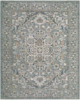 Close-up of the Yoyei Teal Medallion rug. Machine-woven polyester rug with a traditional medallion pattern in teal, gray, and taupe. Design-Rectangle-710102