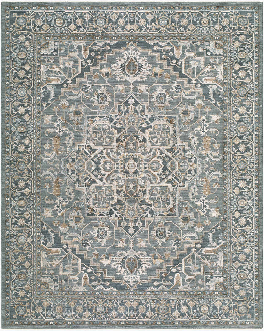 Close-up of the Yoyei Teal Medallion rug. Machine-woven polyester rug with a traditional medallion pattern in teal, gray, and taupe. Design-Rectangle-710102