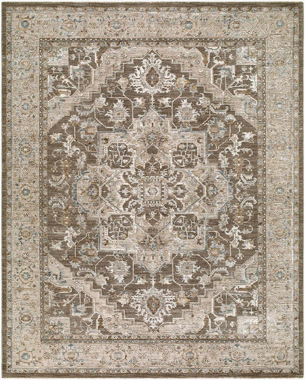 Detailed texture of the Dozea Taupe Medallion area rug with charcoal, gray, olive, and taupe colors. Design-Rectangle-710102