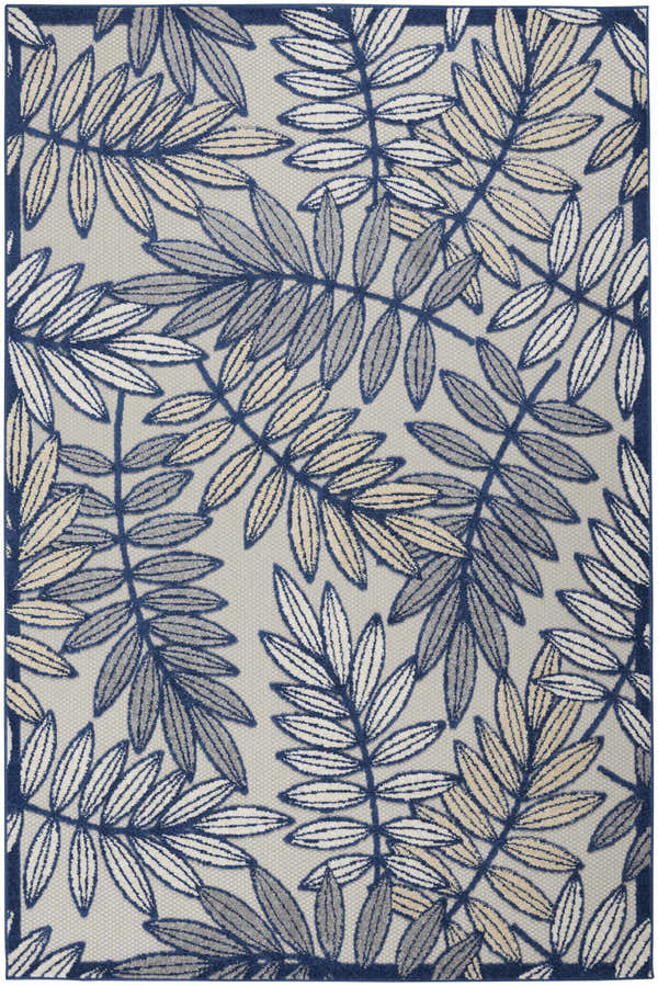 Close-up of Nourison Aloha Ivory Navy Tropical Area Rug featuring a botanical leaf pattern in navy, ivory, and gray. Design-Rectangle