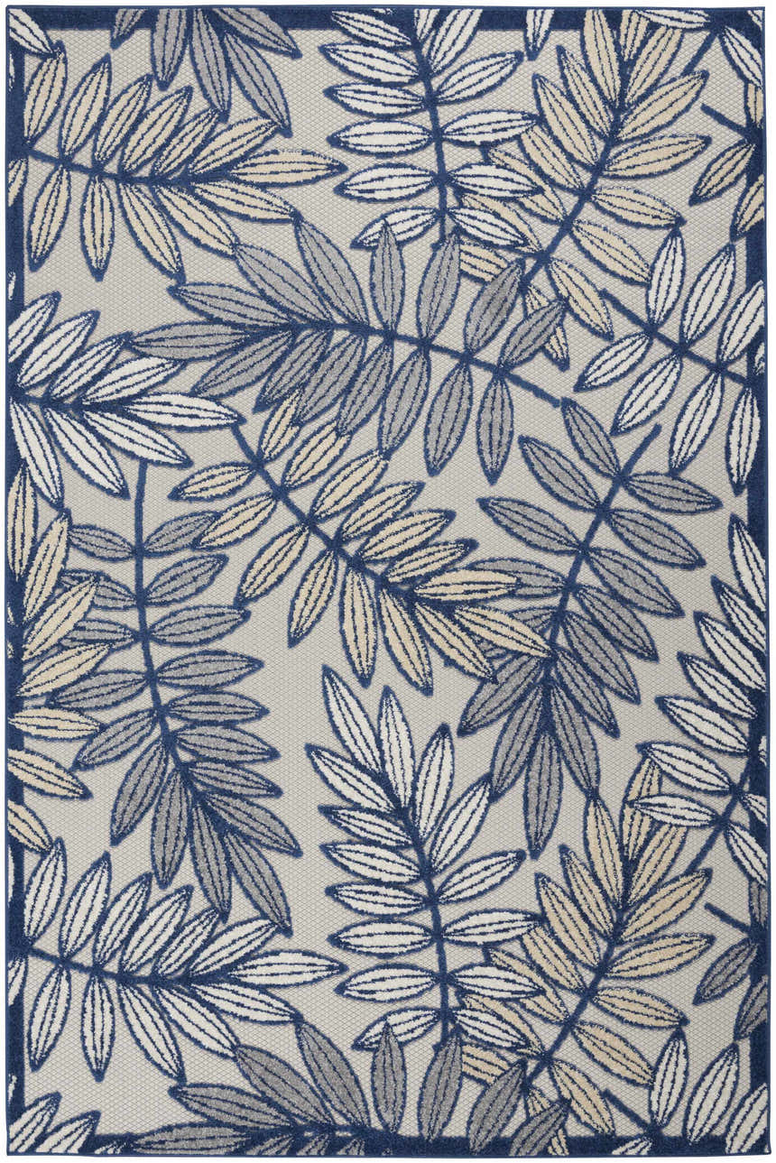 Close-up of Nourison Aloha Ivory Navy Tropical Area Rug featuring a botanical leaf pattern in navy, ivory, and gray. Design-Rectangle