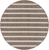 Close-up of a round Nourison Positano Natural Ivory rug. Features chestnut brown and ivory stripes with a woven texture.