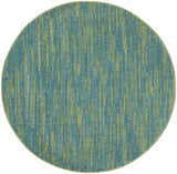 Close-up of a round Nourison Essentials Blue Green Outdoor Area Rug with a subtle vertical striped pattern.