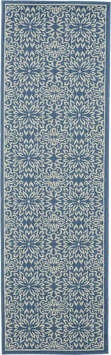 Close-up of the Nourison Jubilant Ivory Blue Farmhouse Indoor Area Rug, featuring a floral pattern and blue border.