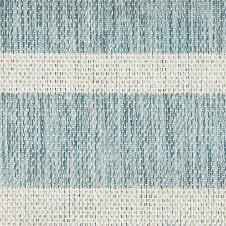 Close-up of the woven texture of the Nourison Positano Aqua Ivory area rug, showing the aqua and ivory stripes.