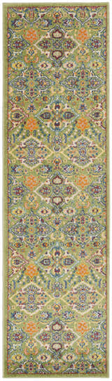 Close-up of a Nourison Allur Sage Ivory Bohemian Indoor Area Rug featuring a detailed green, orange, blue, and ivory pattern.