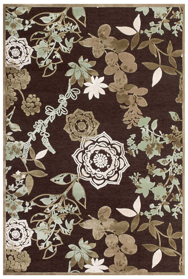 Feizy Saphir Mah rug with a modern floral and botanical pattern in brown, green, and ivory. Clearance item. Design-Rectangle