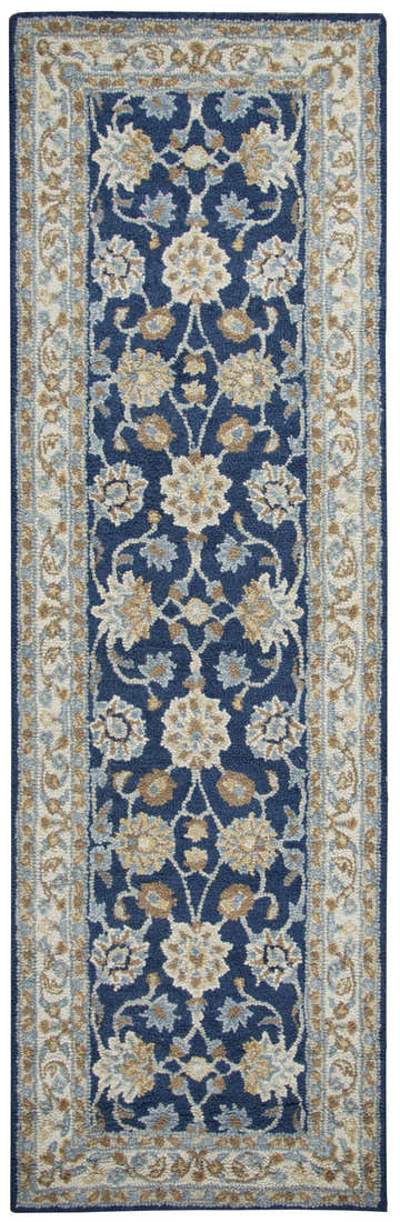 Close-up of the hand-tufted Rizzy AL2823 runner rug. Features a traditional floral pattern in blue, ivory, and tan wool. Design-Runner
