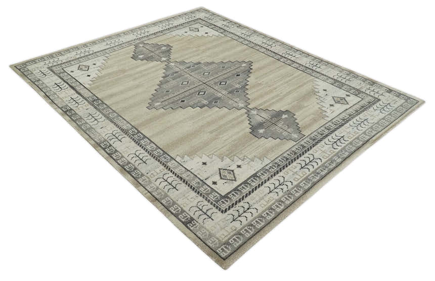 All Natural Wool Hand Knotted Gray , Beige and Ivory Traditional Heriz Serapi Multi Size wool Area Rug, Kids, Living Room and Bedroom Rug