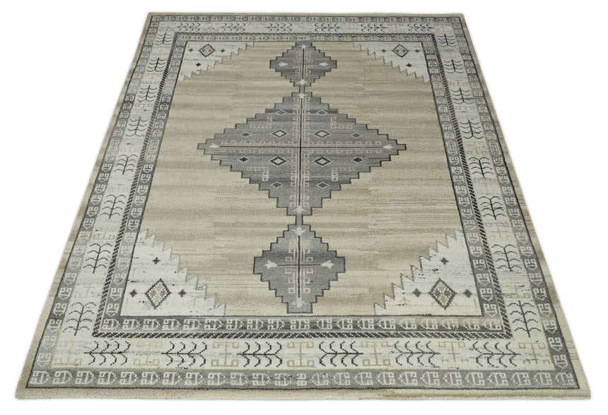 All Natural Wool Hand Knotted Gray , Beige and Ivory Traditional Heriz Serapi Multi Size wool Area Rug, Kids, Living Room and Bedroom Rug