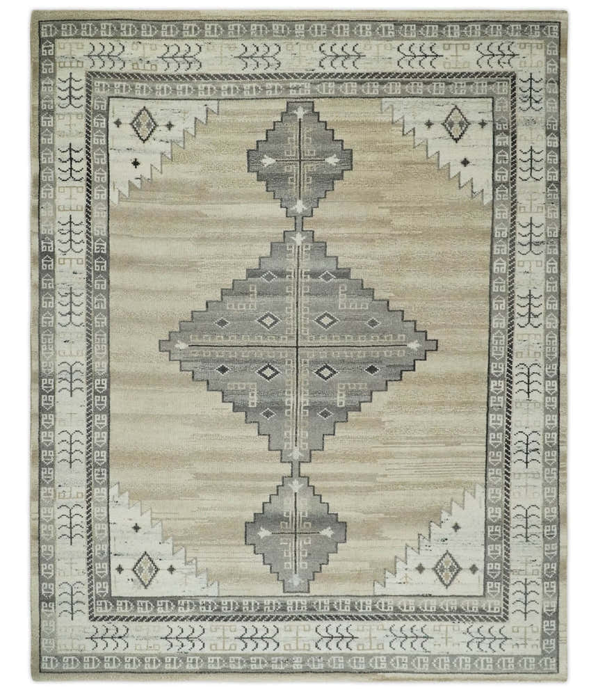 All Natural Wool Hand Knotted Gray , Beige and Ivory Traditional Heriz Serapi Multi Size wool Area Rug, Kids, Living Room and Bedroom Rug