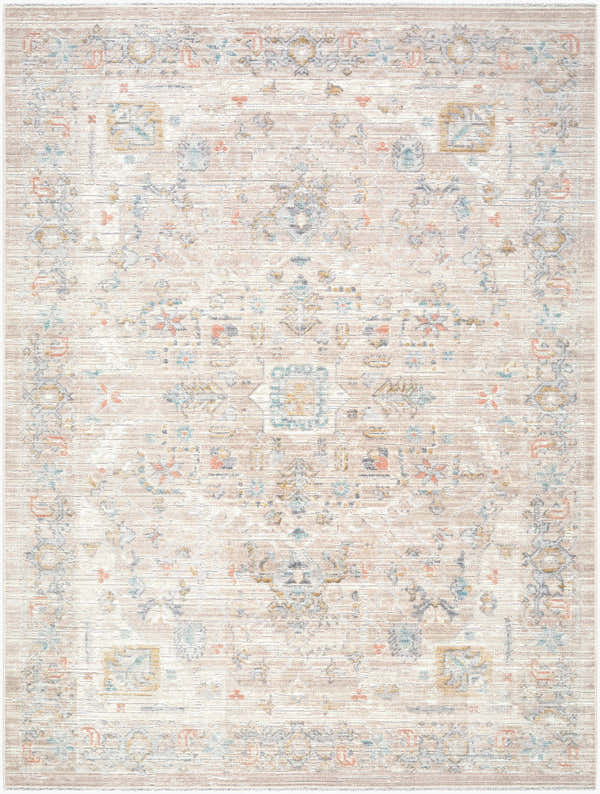 Detailed pattern of the Kehea Beige Medallion washable area rug. Farmhouse style with beige, cream, blue, and gray colors. Design-Rectangle-537