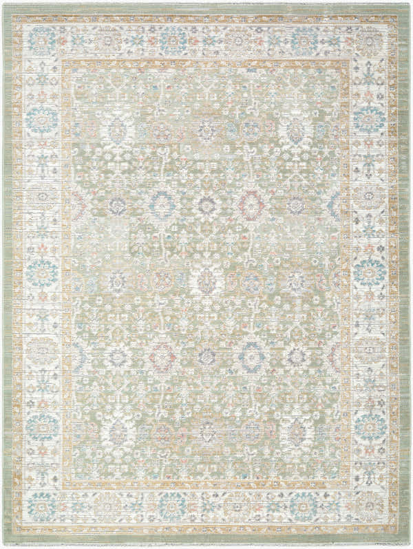 Detailed view of a Jamoi Brown Persian area rug with beige, cream, and light brown traditional patterns. Machine woven polypropylene. Design-Rectangle-537