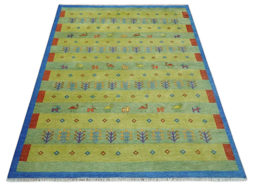 Animal and Tree Life Green, Blue and Rust Hand knotted Traditional Multi Size Wool Area Rug, Kids, Living Room and Bedroom Rug