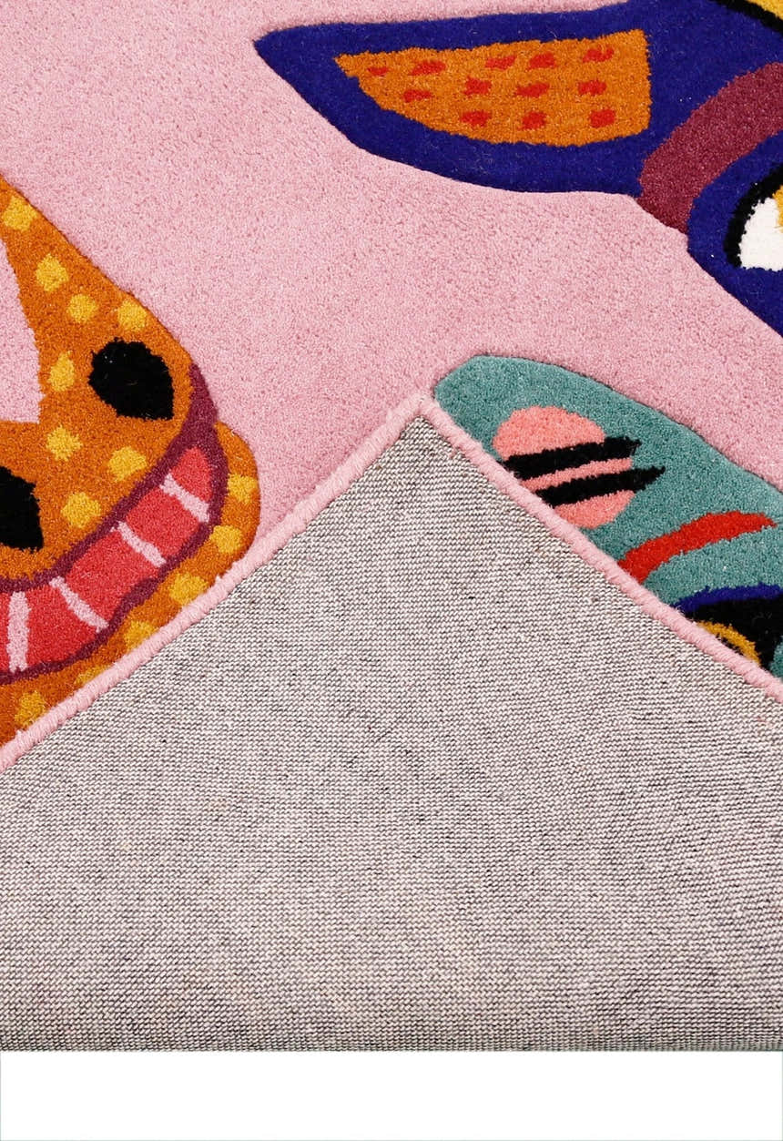 Animal Tribal Critter Pink Hand Tufted 4x4 Wool Area Rug