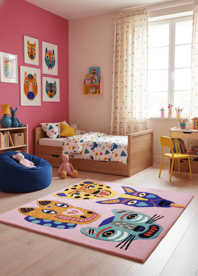 Animal Tribal Critter Pink Hand Tufted 4x4 Wool Area Rug