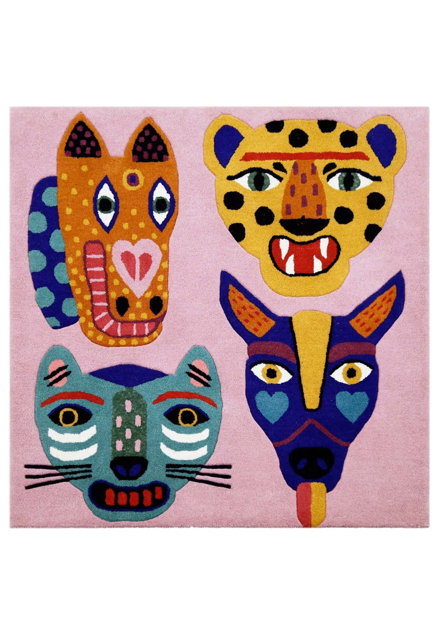 Animal Tribal Critter Pink Hand Tufted 4x4 Wool Area Rug