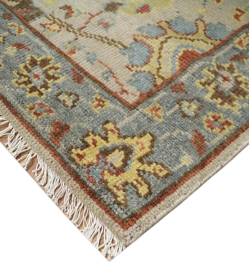 Custom Made Antique look Beige, Rust and Blue Traditional Vintage Style Hand Knotted Wool Area Rug