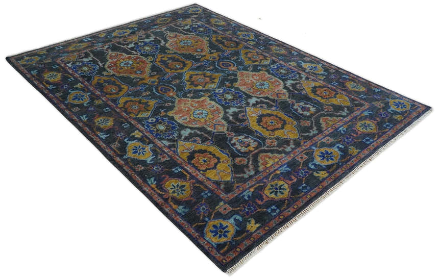 Custom Made Antique look Traditional Ikat Large Design Gray, Rust and Blue Hand knotted Oushak wool Area Rug