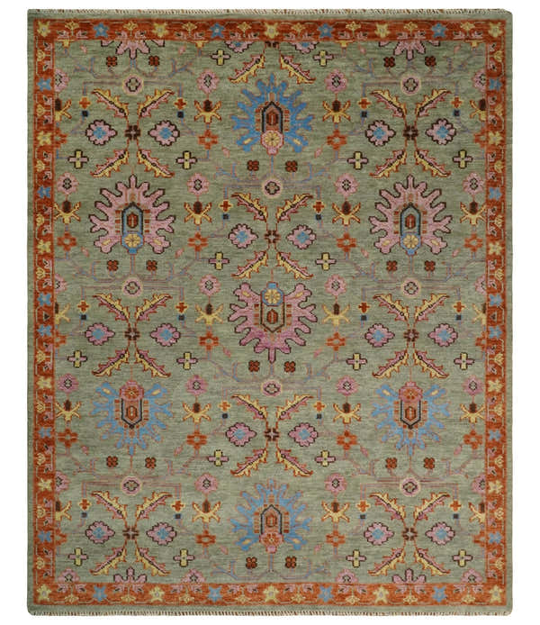 Vintage Style Rust, Pink and Blue Hand Knotted Traditional Oushak Multi Size wool Area Rug