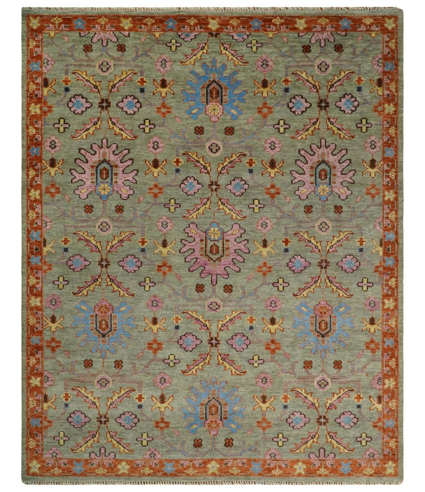 Vintage Style Rust, Pink and Blue Hand Knotted Traditional Oushak Multi Size wool Area Rug