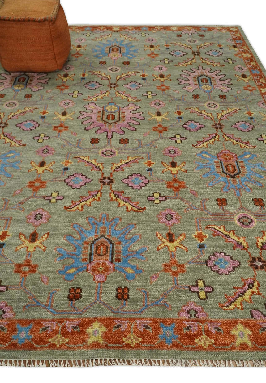 Vintage Style Rust, Pink and Blue Hand Knotted Traditional Oushak Multi Size wool Area Rug