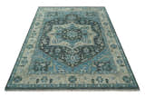 Antique look Hand Knotted Beige and Blue Traditional Heriz Wool Area Rug