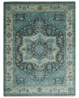 Antique look Hand Knotted Beige and Blue Traditional Heriz Wool Area Rug