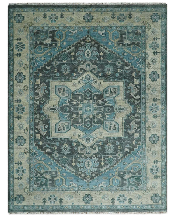 Antique look Hand Knotted Beige and Blue Traditional Heriz Wool Area Rug