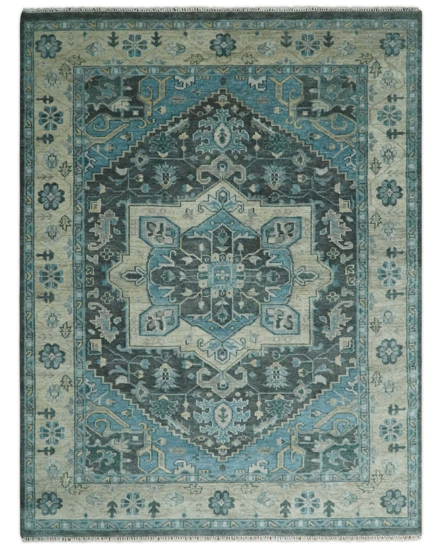 Antique look Hand Knotted Beige and Blue Traditional Heriz Wool Area Rug