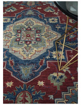 Antique look Maroon and Blue Hand Tufted Traditional Heriz Medallion Multi Size wool Area Rug