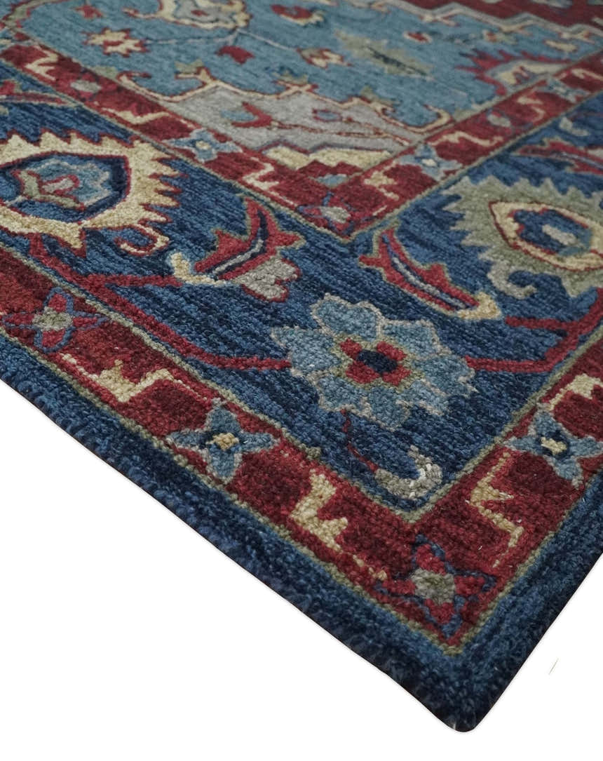 Antique look Maroon and Blue Hand Tufted Traditional Heriz Medallion Multi Size wool Area Rug