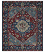 Antique look Maroon and Blue Hand Tufted Traditional Heriz Medallion Multi Size wool Area Rug