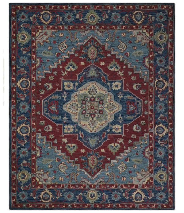 Antique look Maroon and Blue Hand Tufted Traditional Heriz Medallion Multi Size wool Area Rug