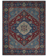 Antique look Maroon and Blue Hand Tufted Traditional Heriz Medallion Multi Size wool Area Rug