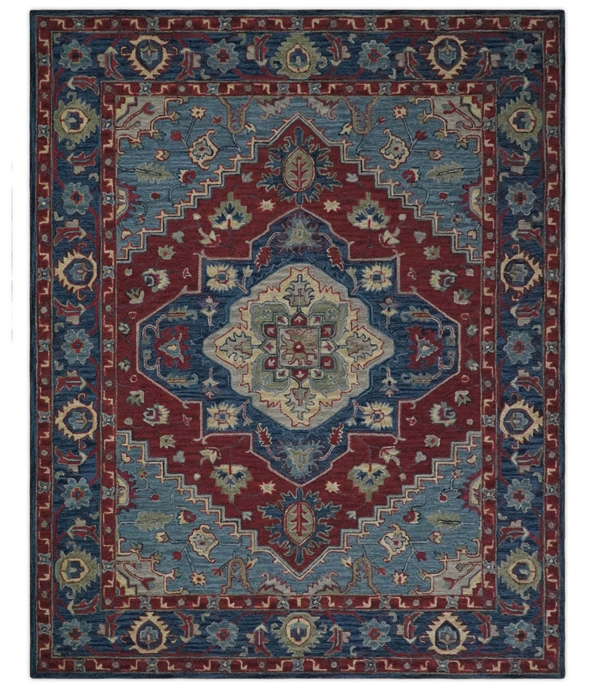Antique look Maroon and Blue Hand Tufted Traditional Heriz Medallion Multi Size wool Area Rug