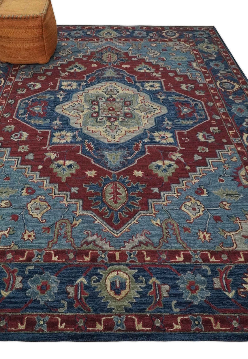 Antique look Maroon and Blue Hand Tufted Traditional Heriz Medallion Multi Size wool Area Rug