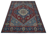 Antique look Maroon and Blue Hand Tufted Traditional Heriz Medallion Multi Size wool Area Rug