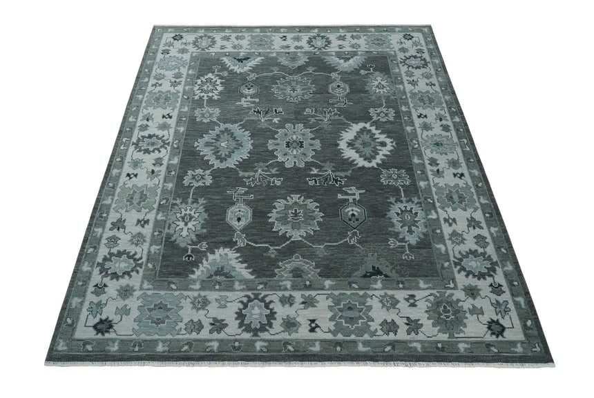 Antique Hand Knotted Charcoal and Ivory Traditional Oushak Wool Area Rug