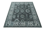 Antique Hand Knotted Charcoal and Ivory Traditional Oushak Wool Area Rug