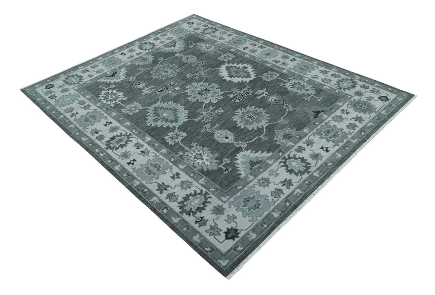 Antique Hand Knotted Charcoal and Ivory Traditional Oushak Wool Area Rug