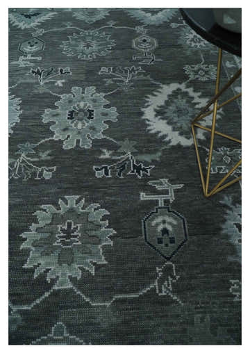 Antique Hand Knotted Charcoal and Ivory Traditional Oushak Wool Area Rug