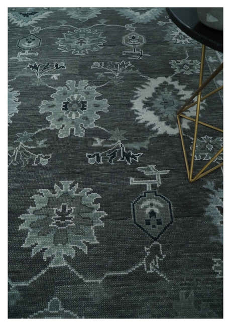 Antique Hand Knotted Charcoal and Ivory Traditional Oushak Wool Area Rug