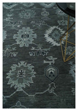 Antique Hand Knotted Charcoal and Ivory Traditional Oushak Wool Area Rug