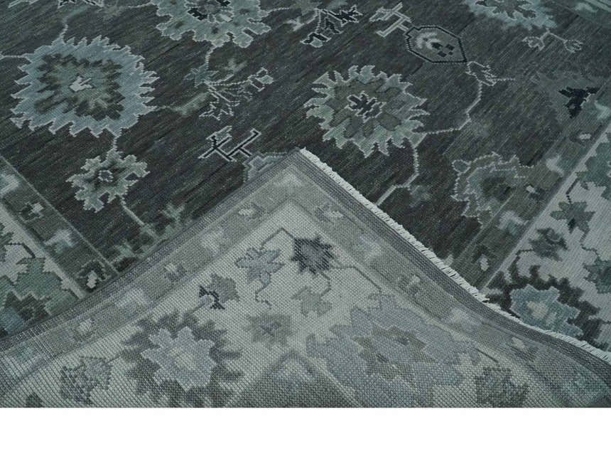 Antique Hand Knotted Charcoal and Ivory Traditional Oushak Wool Area Rug